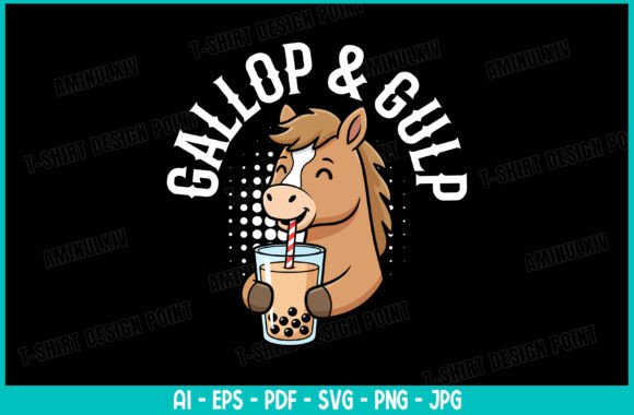 Cute Horse Animal Drinking Bubble Tea Graphics for T-Shirt Designs