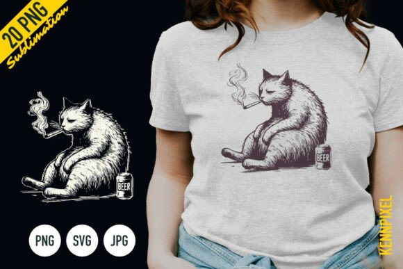 Smoking Cat and Beer Graphics for T-Shirt Designs
