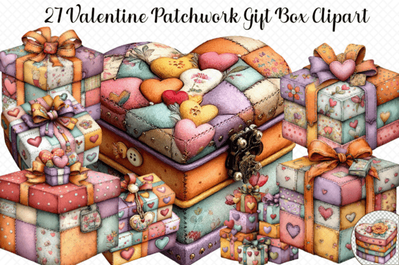 Valentine Patchwork Gift Box Clipart for Graphics and Illustrations