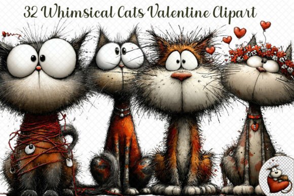 Whimsical Cats Valentine Clipart for Local Business Branding